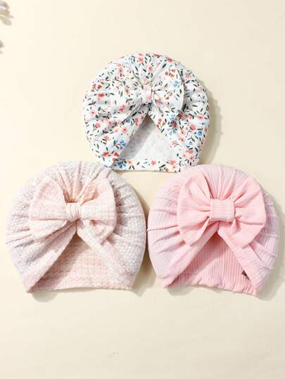 3pcs Newborn Thin Rib Knit Bow Beanie Hats, Baby Boy & Girl Infant Toddler Head Scarf Caps, Suitable For Daily Wear All Season