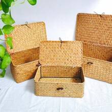 Natural Woven Storage Box With Lid, Handmade Textured, Rustic, Includes Wooden Cover For Dust Protection And Privacy, Large Capacity For Storing Underwear, Stationery, Suitable For Bedroom, Living Room, Creates A Pastoral Ambiance. Natural Material, And Durable, Keeps Desktops/Closets Tidy, Practical And Decorative Storage Solution