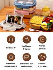 1400ml Microwave Bento Box, 3-Compartment, With Utensils, Suitable For Picnic, Work, School, Camping And Fitness - Multicolor - View 8