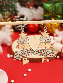 1对圣诞饰品，金属圣诞树造型长款吊坠耳环，可爱优雅，圣诞夜送给女士的礼物 - 彩色 - 查看 4
