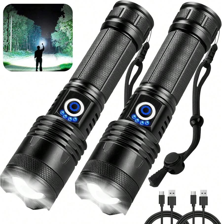 Rechargeable Flashlights 90,000 High Lumens, 2 Pack Super Bright LED Flashlight With 5 Modes, High Powered Flash Light For Home, Camping, Outdoor, Emergencies, Hiking