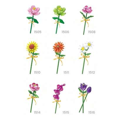 1 Set Of 10 Flower Building Blocks, DIY Flower Series Blocks Including Sunflower, Bella Flower, Carnation, Cotton Tree, African Daisy, Artificial Flowers, Home Decor, Desktop Decor, Stress Relief Activity, Birthday Gift, Contains Over 1000 Pieces