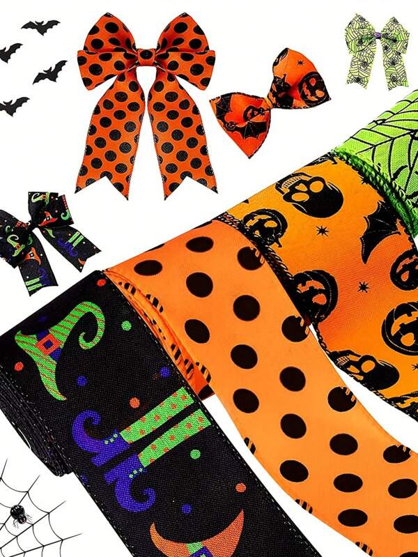 4 rollos de 27,4 metros de cinta con borde de alambre de Halloween con estampado de murciélago, calabaza y telaraña; cinta de bruja "Trick Or Treat"; cinta de satén con fantasma para decoración de corona casera DIY.