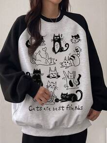 1 buah Sweatshirt Longgar Lengan Panjang Motif Kucing Lucu dan Ceria untuk Remaja Perempuan, Cocok untuk Kembali ke Sekolah atau Wisuda. - Hitam - View 3