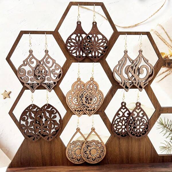 7 Pairs Vintage Bohemian Style Wooden Earrings For Women, Suitable For Daily Outfit And Party, Excellent Gift For Her