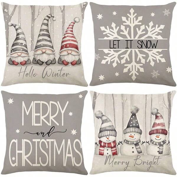 4pcs/Set Grey & White Christmas Pillow Case, New Linen Printed Snowman, Snowflakes Design Decorative Cushion Cover For Sofa, Bed