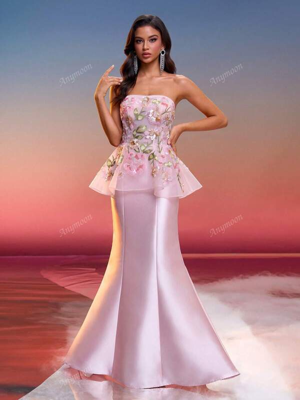 Anymoon Women's Ruffle Trimmed Strapless Elegant Evening Gown