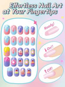 NAIO 24 قطعة أظافر مصقولة للأطفال، 1 عبوة أظافر صناعية متعددة الألوان للأطفال، بتصميمات الدونات والكعك، أظافر كاملة الغطاء بأطراف صغيرة مسبقة الصمغ كهدايا للبنات في أعياد الميلاد والحفلات والتجميل