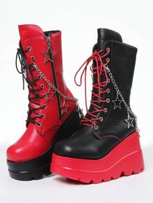 Gothic Platform Wedge Boots For Women Punk Mid-Calf Boots Lace Up Motorcycle Combat Boots With Side Zipper Star Chain Decor Halloween Costumes For Halloween - Black and Red - View 1
