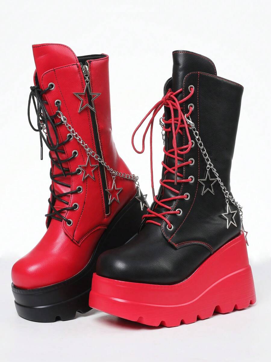 Gothic Platform Wedge Boots For Women Punk Mid-Calf Boots Lace Up Motorcycle Combat Boots With Side Zipper Star Chain Decor Halloween Costumes For Halloween - Black and Red - View 1