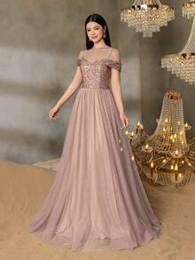 ALISA&LEO Teen Girls' Sequin A-Line Evening Gown - Off-Shoulder Sweetheart Neckline, Sheer Tulle Skirt & Fitted Sequin Bodice For Graduation Proms, Wedding Guest Outfits, Formal Dinners & Luxury Galas