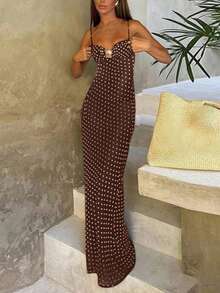 1pc Polka Dot Print Summer Sleeveless Dress, Suitable For Women's Beach Vacation Outfit On Valentine's Day, Elegant Party Wear - Brown - View 2