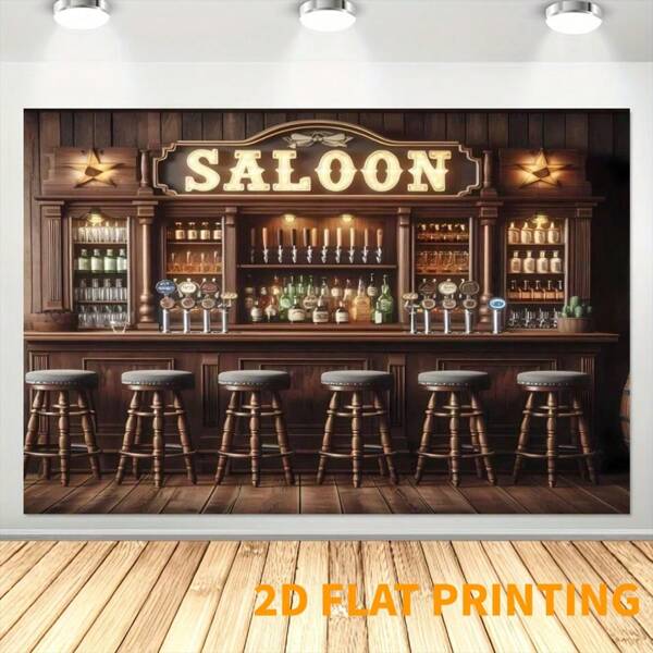2D Western Cowboy Bar Achtergrond, Retro Nachtclub Bar met Whiskey Plank, Polyester Behang voor Café Restaurant Decoratie, Fotohokje Prop - Meerdere Maten Beschikbaar