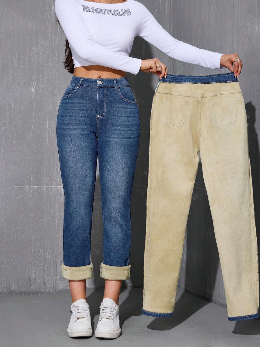 Winter Warm Thermal Lined Straight Leg Jeans - Medium Wash - View 1