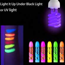 Ensemble de pinceaux pour le visage qui brillent dans le noir - 6 bâtons de maquillage à la lumière noire, stylo fluo, utilisés pour Halloween, Mariglass et masques, couleurs vives, éclat fluorescent, utilisés pour les fêtes et événements, maquillage d'Halloween | Bâtons lumineux vifs | Peintures faciales fluo, vêtements qui brillent dans le noir
