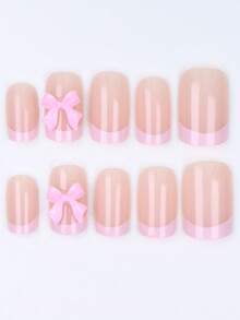 ARTAUG 10pcs S/M/L Size French Manicure Nail Stickers, Short Square Fake Nails, Leopard Print French Pink Bow Design, Nude Glue Adhesive Nail Stickers, Glossy Fake Nails, Reusable, Cute Nail Stickers, Women Nail Art Supplies - White - View 3