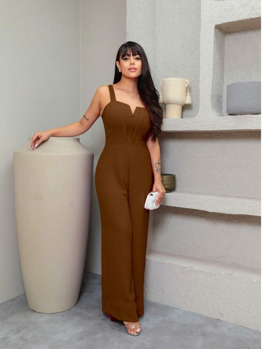 Duna Long Jumpsuit, Elegant, Wide-Leg, Thick Strap, Ruched V-Neckline - Rỉ Nâu - Xem 1