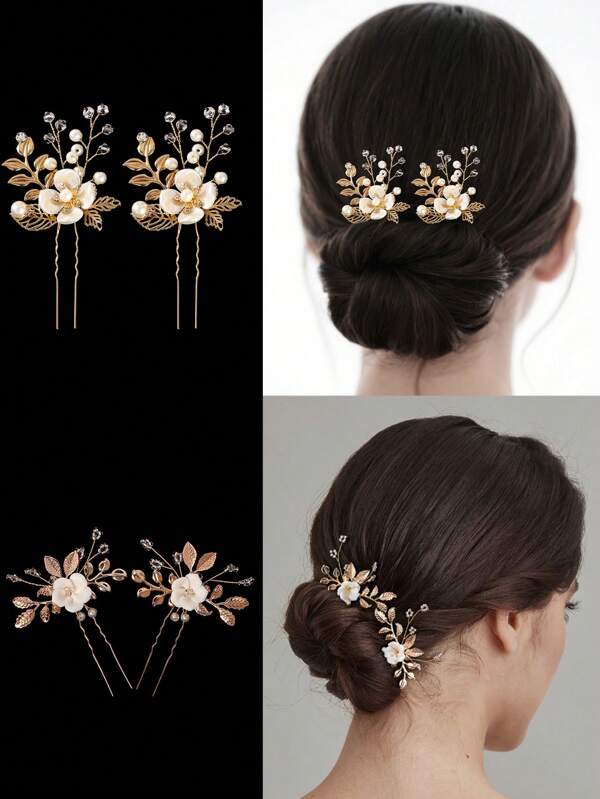 2 piezas Horquilla de boda con tenedor de flor de perla para mujer, accesorio de joyería de moda con cristales encantadores