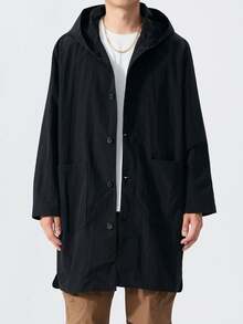 男士加大码长袖黑色轻薄中长款休闲风衣，适合秋季穿着 - 黑色 - 查看 7