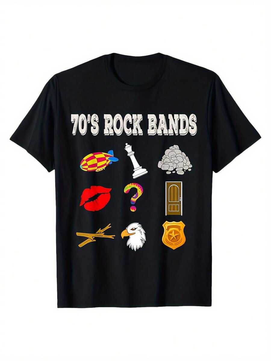 70s Rock Band Graphic-Shirt Men & Women - Vintage Retro Design With Chess, Lips, Dice & Guitar Icons -% Cotton High Stretch Regular Fit Short Sleeve Tee - Washable Unisex Casual Top (S-, Black) - Music Lovers, Allseason Apparel| Classic Round Neck| Knitted Fabric, Band Shirts - màu đen - Xem 1