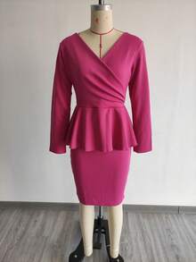 Elegant Black Ruffles Waist Midi Dress Women Sexy Wrap V Neck Long Sleeve Formal Business OL Club Party Cocktail Skinny Dresses, Vintage Spring Fall Winter Dress - 玫紅色 - 查看 3