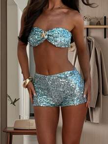 Conjunto de 2 piezas de pantalones cortos con lentejuelas para mujer, top de sujetador sin tirantes de corte entallado y pantalones cortos para primavera y verano. - Verde - Ver 5