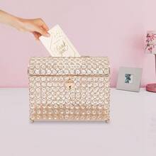 Crystal Wedding Card Box With Heart Lock, Money Card Box Treasure Chest Style Gold Gift For Wedding Receptions, Centerpiece Decor, Anniversary, Keepsake - Vàng - Xem 5