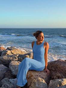 Women's Sexy Cute Casual Elegant Romantic Shiny Midi Dress, See-Through Knit Dress, Beach Cover Up, Party Club Long Dress, Sleeveless Summer Holiday Outfit - Blue - View 5