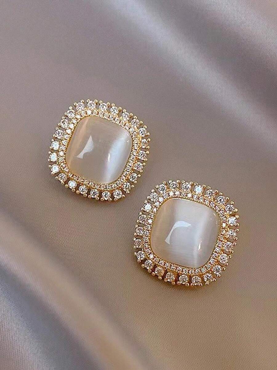 1 对奢华猫眼石耳钉，镶嵌闪亮水钻，时尚耳环 - 金黃色 - 查看 1