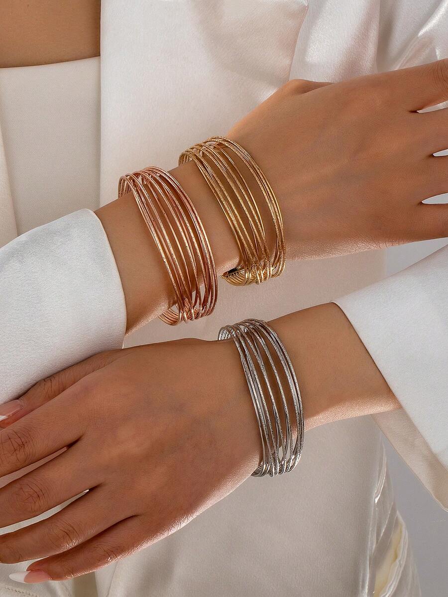 Women's Multilayer Cross Line Bracelet, Fashion Adjustable Wide Bangle Jewelry For Teenagers - Rose Gold - View 1