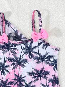 Conjunto de traje de baño de una pieza con volantes, tirantes finos y lazo decorativo, con estampado de sombra de coco y ola púrpura, para niñas jóvenes - Multicolor - Ver 5