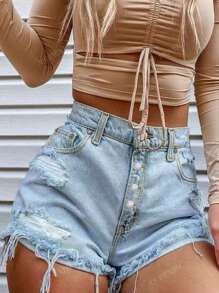 Women's Street Style Non-Stretch Distressed Button Fly Denim Shorts, Versatile Casual Fit For Spring/Summer
