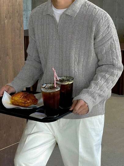 男士休闲纯色翻领长袖针织毛衣，秋冬