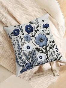 1pc Vintage Style Floral Print Decorative Throw Pillow Cover, Polyester Plush Fabric, Zipper Closure, Suitable For Home, Sofa, Bedroom, Seatzy Series (Pillow Insert Not Included), No Embroidery - Blue - View 5