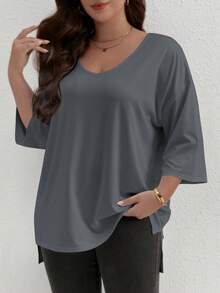 1pc High Low Elegant V-Neck Loose Stretchy Top, Machine Washable For Summer - Dark Grey - View 3