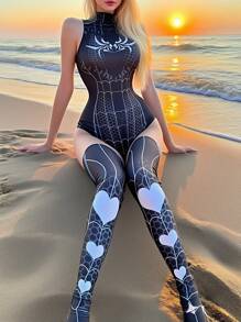 1 set Costume de super-héros sexy pour femme pour la diffusion en direct, la fête, le motif anime, combinaison noire (combinaison*1 Bas cuisse*2) Halloween