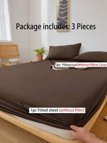 3 件咖啡色超细纤维柔软舒适床笠套装（1 件床笠 + 2 个枕套），适用于卧室和客房，四季皆宜