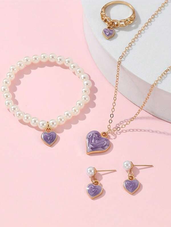 5pcs/Set Heart Pendant Faux Pearl Earrings, Bracelet, Ring, Necklace Jewelry Set, Available In Purple, White, Pink, Suitable For Teenage Girls, Daily Wear, Vacation, Gift, Gold Necklace & Ring