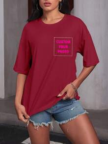 Customized Personalized Gift, Customized Women's T-Shirt, Customized Front And Back Pattern Top, You Can Add Your Photo (Pattern/Logo/Family Photo/Selfie/Pet/Couple Photo), Back Can Add Text And Photo, Choose Your Favorite Text, Design Your Own Personalized Printed T-Shirt As A Gift For Girlfriend, Couple Matching T-Shirt, Etc. Summer,Gym Wear Sports - Burgundy - View 3