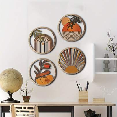 4pcs/8pcs Hollow Country Style Farmhouse Wall Decor, Boho Wall Hanging Art, Round Wall Stickers, Single Design Or Combination, Featuring Hill, Leaf, Sun, Blue, Yellow, Green Elements, Suitable For Decorating Living Room, Bedroom, Kitchen, Corridor, Rural Courtyard, Office, Ideal For New Year & Daily Life Decor, Unique Gift For Family, Friends, Lover