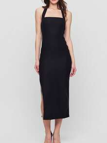 CEYLEN Solid Split Thigh Backless Halter Neck Midi Bodycon Dress - Black - View 2