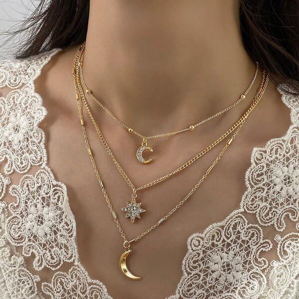 1pc Luxury Layer Chain Necklaces, Star Moon Zirconia Necklace For Women, Jewelry Suitable For Webbing Dress, Festivals, Parties Wear