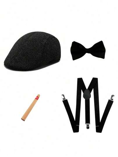 4pcs 1920s Gangster Costume Accessories Set, Gift For Men, Including Felt Fedora Hat, Bow Tie, Y-Back Suspenders, Suitable For Halloween, Masquerade Party, Costume Party