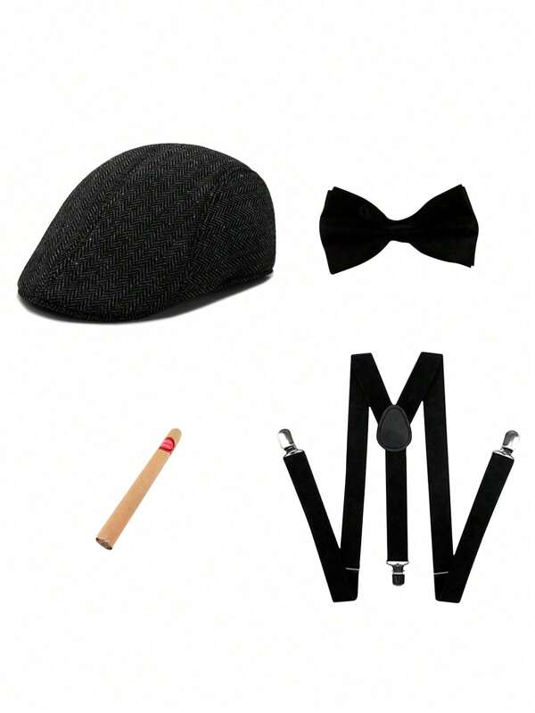4 Stücke 1920er Jahre Gangster Kostüm Accessoire Set, Geschenk für Männer, bestehend aus Filz Fedora Hut, Fliege, Y-förmige Hosenträger, geeignet für Halloween, Maskenball, Kostümparty