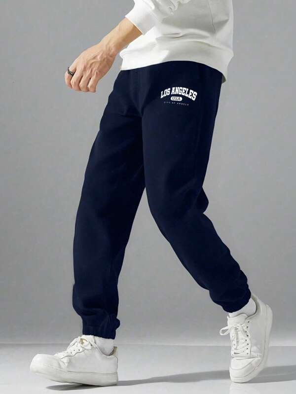 1pc Boys & Teens Loose Fit Casual Solid Color Letter Print Decoration Fleece Sweatpants, Spring & Autumn