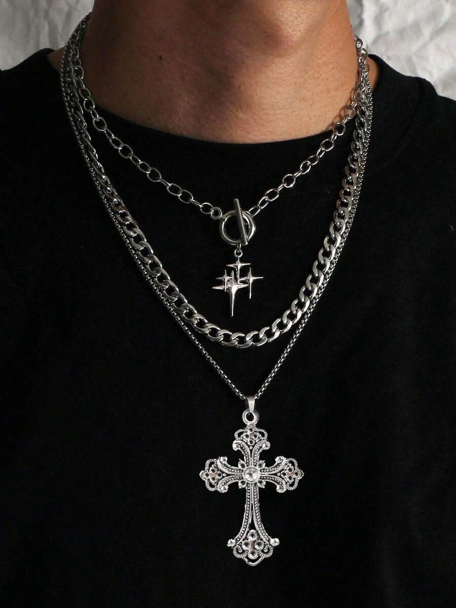 Bộ 3 dây chuyền OT hình ngôi sao lấp lánh phong cách Gothic cổ điển, dây chuyền thép không gỉ hình chữ thập lớn, dây chuyền , dây chuyền hình ngôi sao hình chữ thập lớn dành cho nam - Bạc - Xem 1