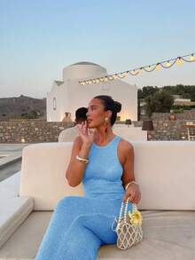 Women's Sexy Cute Casual Elegant Romantic Shiny Midi Dress, See-Through Knit Dress, Beach Cover Up, Party Club Long Dress, Sleeveless Summer Holiday Outfit - Blue - View 6