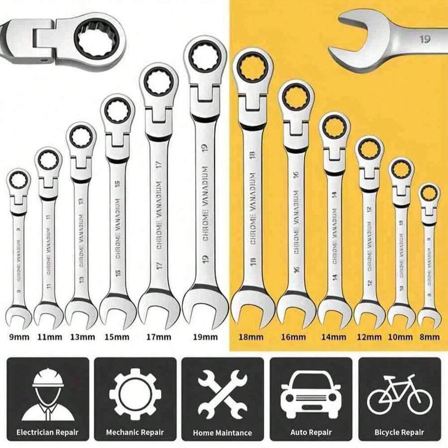 6-32mm Adjustable Head Ratchet Wrench Set, Combination End Wrench Set, Aluminum Alloy Hand Tool Kit, Ratchet Wrench Set [Flexible Head Ratchet Wrench] Chrome Vanadium Steel Flexible Head Ratchet Wrench Set | Combination Wrench Set, Mechanical Manual Tool Socket Wrench Ratchet Wrench Set, Metal, No Electricity Required, No Battery Needed - Black - View 1