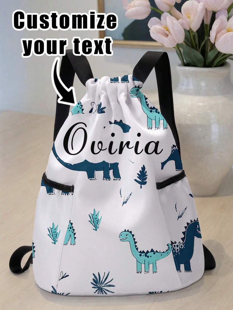 1pc Customized Cartoon Dinosaur Drawstring Backpack With Pockets, Perfect Back To School Gift For Children And Teenagers, Customizable With Your Own Name Or Friend/Sibling's Name - Multicolor - View 1