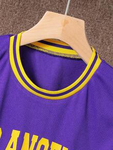 2pcs Boys Teenager Gold "LOS ANGELES" No.23 Letter Print Breathable Quick Dry Basketball Jersey And Sports Pants Set, Spring/Summer - Purple - View 4